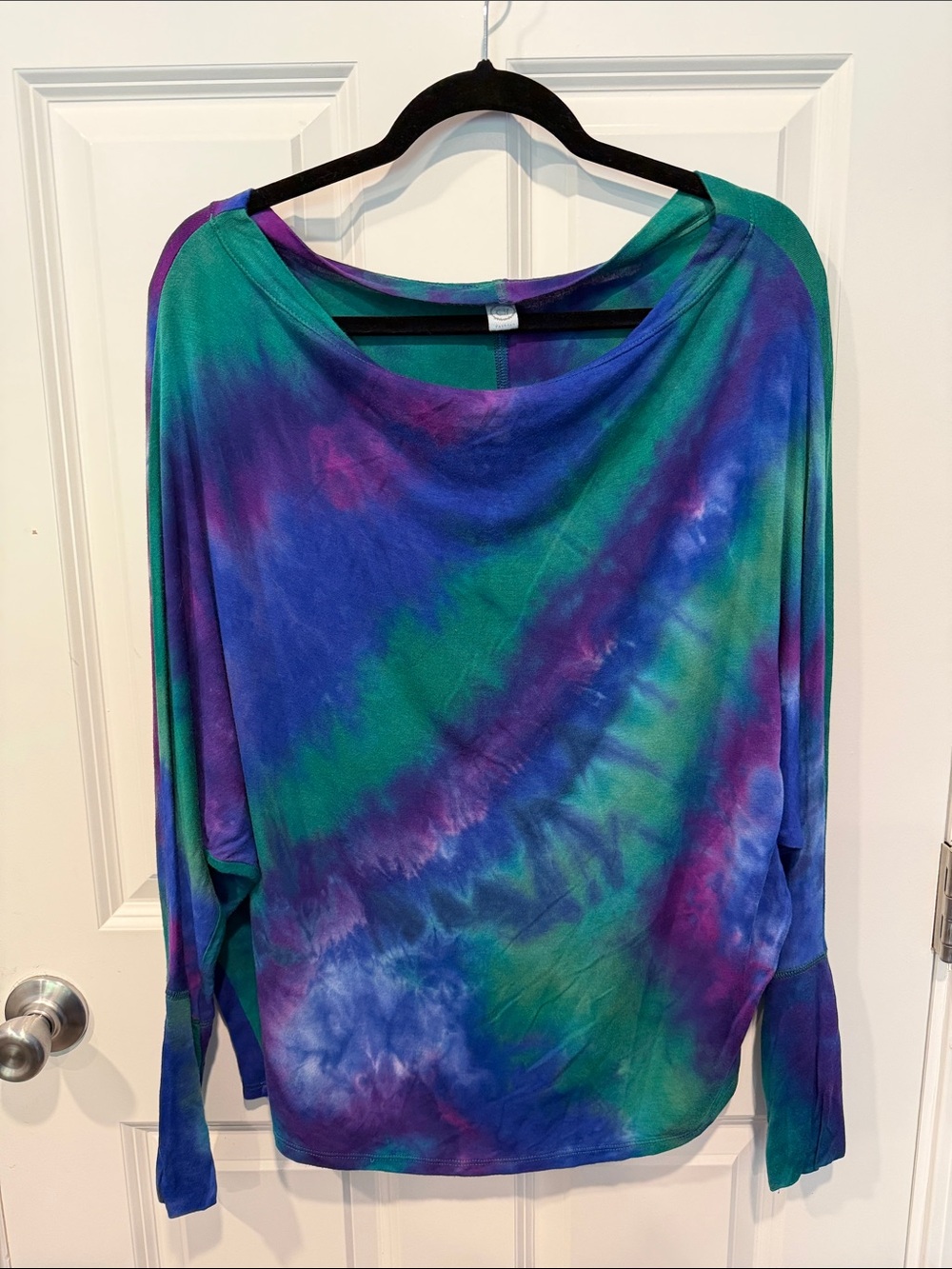 Relaxed Long Sleeve Tie-Dye Boatneck Top in Blue, Green & Purple